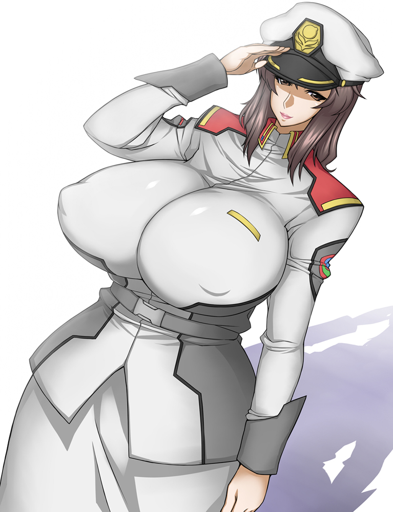 1girl breasts brown_eyes brown_hair curvy gundam gundam_seed hat huge_breasts light_smile long_hair looking_at_viewer murrue_ramius otogi_tetsurou puffy_nipples salute shadow simple_background solo white_background wide_hips