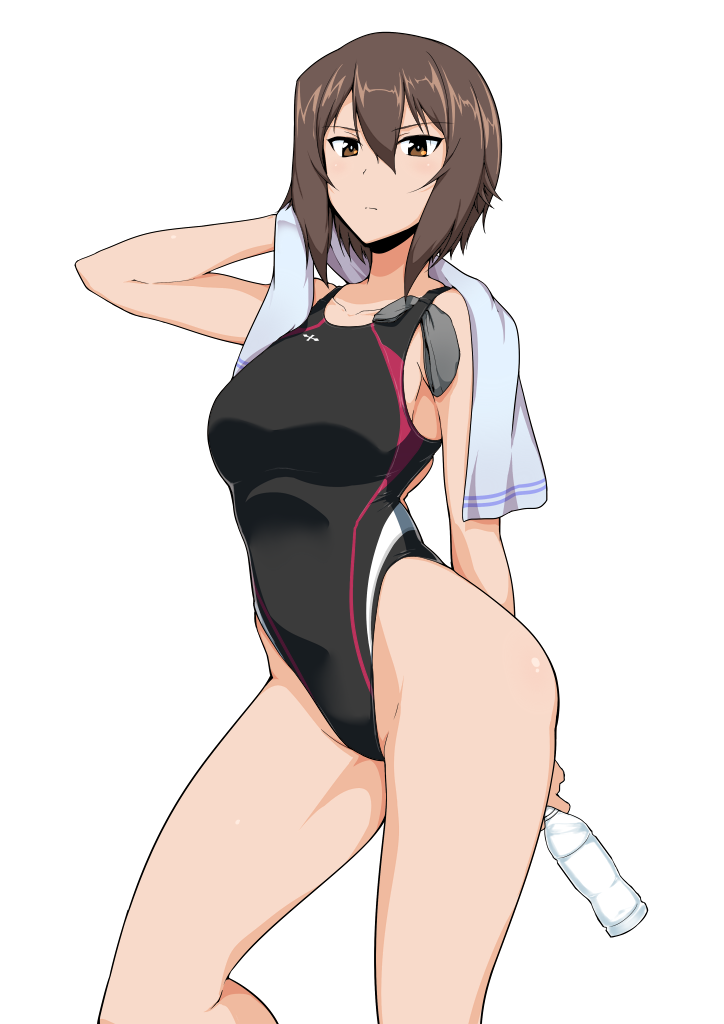 1girl alternate_costume arm_up black_swimsuit bottle brown_eyes brown_hair closed_mouth competition_swimsuit drying_hair girls_und_panzer harukon_(halcon) highleg highleg_swimsuit holding looking_at_viewer nishizumi_maho one-piece_swimsuit short_hair simple_background solo swim_cap swim_cap_removed swimsuit towel water water_bottle white_background