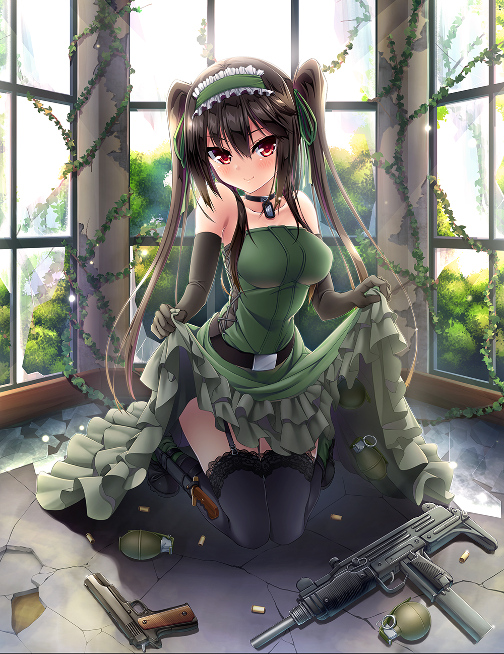 1girl black_hair black_legwear breasts combat_knife dog_tags elbow_gloves garter_straps glock gloves gothic_lolita gun hairband handgun highres imi_uzi knife lolita_fashion lolita_hairband long_hair moeki_yuuta original red_eyes skirt skirt_lift smile solo submachine_gun thigh-highs weapon