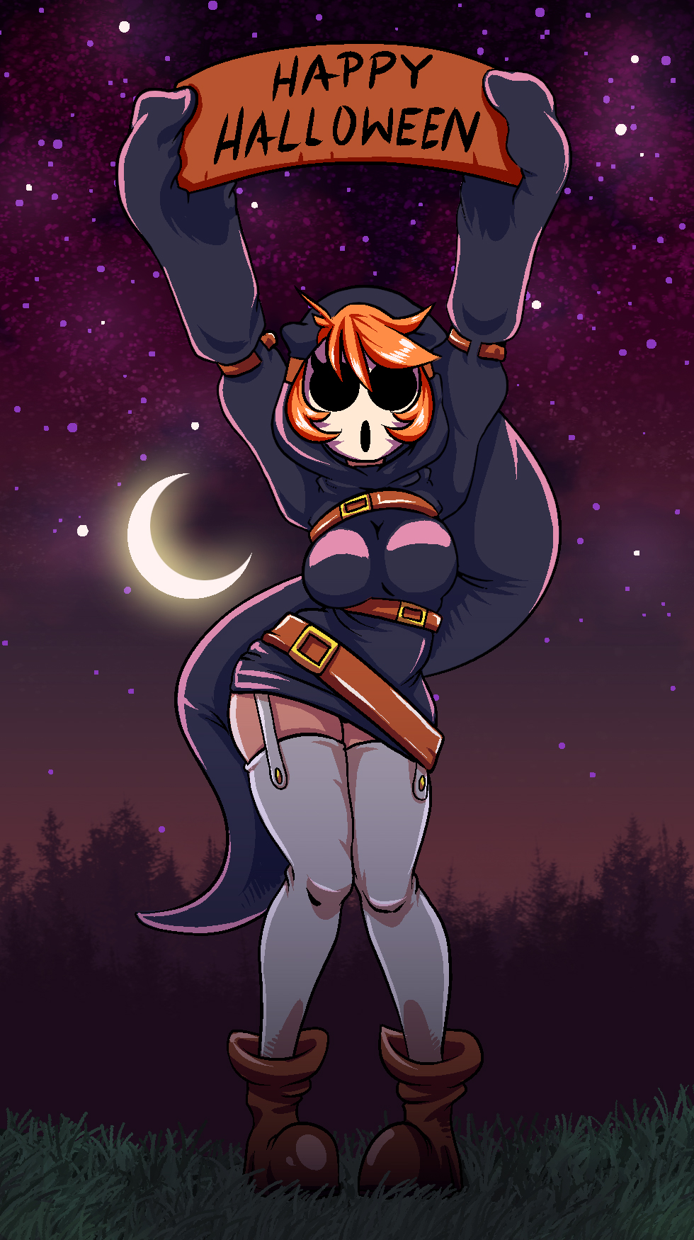 1girl arms_up boots contrapposto crescent_moon full_body garter_straps genderswap halloween highres hood hoodie super_mario_bros. mask moon multiple_belts orange_hair pigeon-toed plague_of_gripes short_hair shy_gal shy_guy sign sleeves_past_wrists solo super_mario_bros. thigh-highs white_legwear
