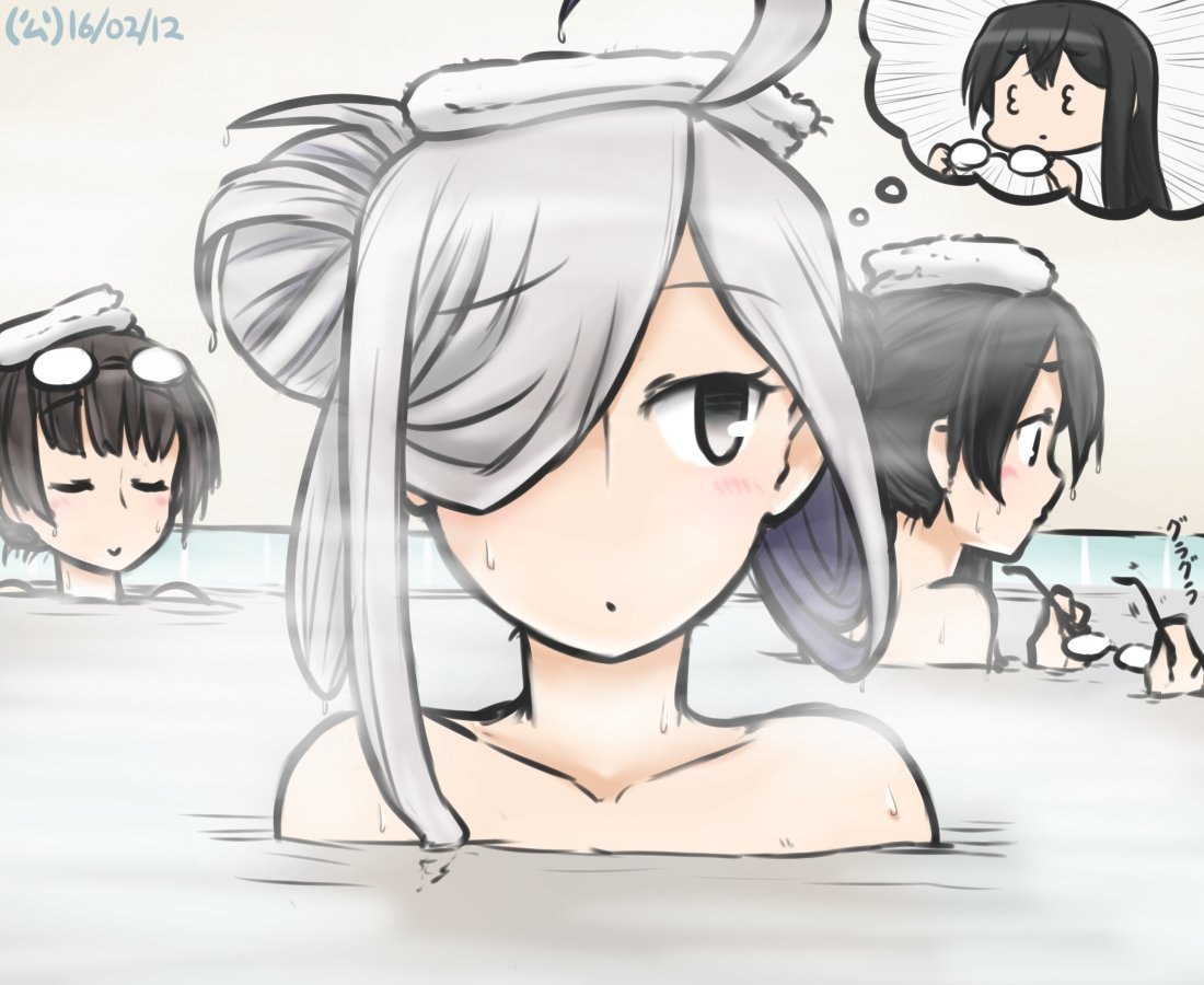 3_3 3girls ahoge asashimo_(kantai_collection) bathing black_hair choukai_(kantai_collection) closed_eyes commentary dated glasses glasses_removed hair_over_one_eye hamu_koutarou imagining kantai_collection long_hair multiple_girls ooyodo_(kantai_collection) silver_hair simple_background towel towel_on_head