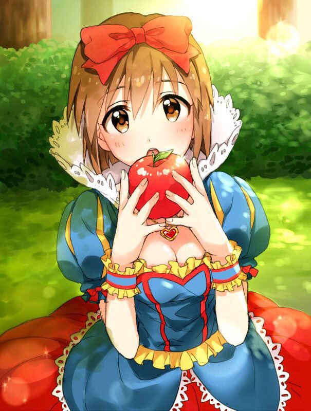 1girl apple bow brown_eyes brown_hair cosplay dress food fruit hagiwara_yukiho hair_bow idolmaster restaint short_hair snow_white snow_white_(cosplay) snow_white_and_the_seven_dwarfs solo