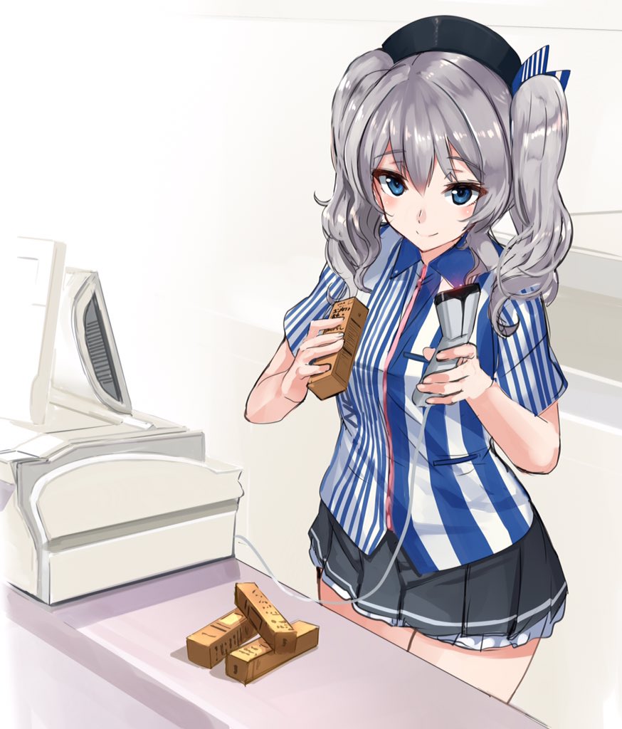 1girl akasaai alternate_costume blouse blue_eyes convenience_store employee_uniform hair_between_eyes kantai_collection kashima_(kantai_collection) lawson long_hair looking_at_viewer miniskirt pleated_skirt shop silver_hair skirt smile solo_focus twintails uniform