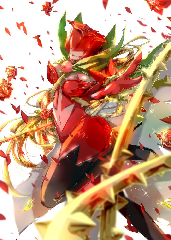 1girl boots breasts cape digimon flower gloves plant rose rosemon solo thigh-highs thigh_boots vines winni