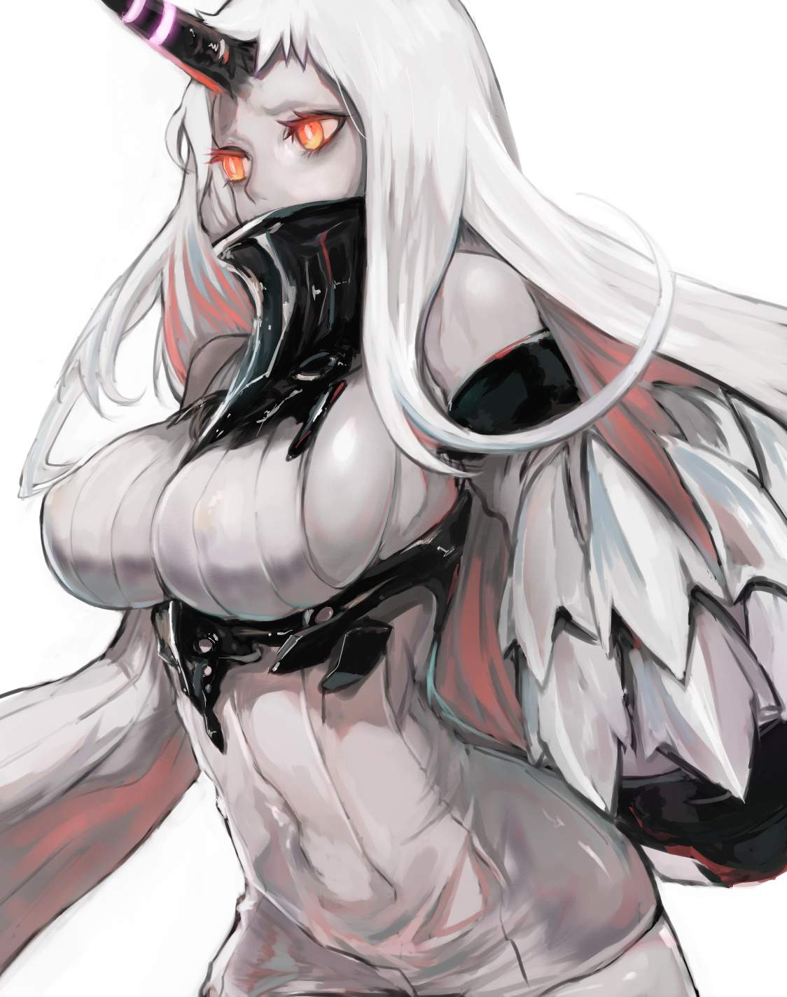 1girl bare_shoulders breasts covered_mouth covered_navel covered_nipples detached_sleeves dress highres horn kantai_collection kyouki large_breasts long_hair pale_skin seaport_hime shinkaisei-kan sideboob simple_background solo sweater sweater_dress white_background white_hair