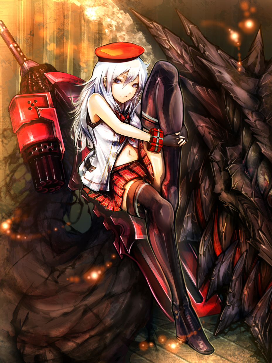 1girl alisa_ilinichina_amiella black_boots black_gloves black_legwear blue_eyes boots cabbie_hat elbow_gloves fingerless_gloves gloves god_eater god_eater_2:_rage_burst hat highres huge_weapon long_hair looking_at_viewer masayoshi silver_hair sitting skirt smile suspender_skirt suspenders sword thigh-highs thigh_boots weapon white_hair