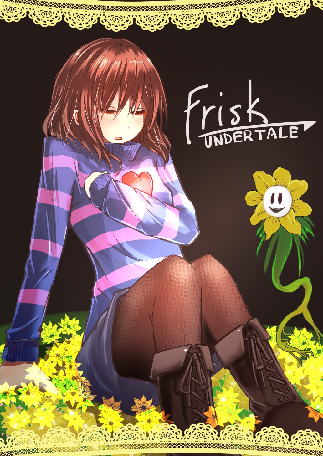:d androgynous black_background blush boots brown_dress brown_hair brown_legwear brown_ribbon character_name closed_eyes copyright_name creature cross-laced_footwear dress field flower flower_field flowey_(undertale) frisk_(undertale) full_body glowing hair_between_eyes heart highres knee_boots knees_together_feet_apart long_sleeves monster object_hug open_mouth pantyhose poyosuke purple_skirt ribbon roots round_teeth short_hair simple_background sitting skirt smile solid_oval_eyes striped striped_sweater sweater s~ teeth turtleneck undertale visible_ears