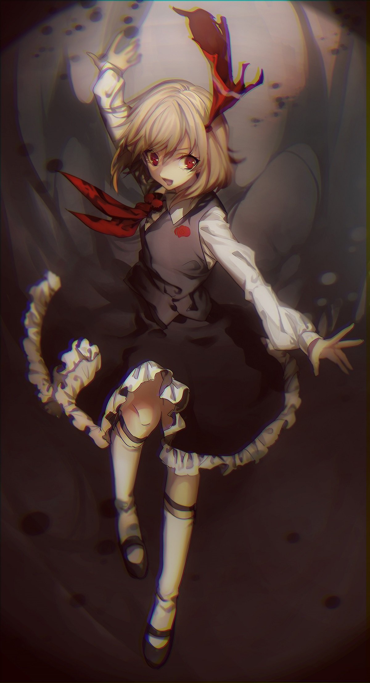 1girl blonde_hair chromatic_aberration frilled_skirt frills full_body gradient gradient_background hair_ribbon highres kneehighs long_sleeves looking_to_the_side mary_janes necktie no-kan open_mouth outstretched_arms red_eyes ribbon rumia shirt shoes short_hair skirt skirt_set smile solo touhou vest white_legwear