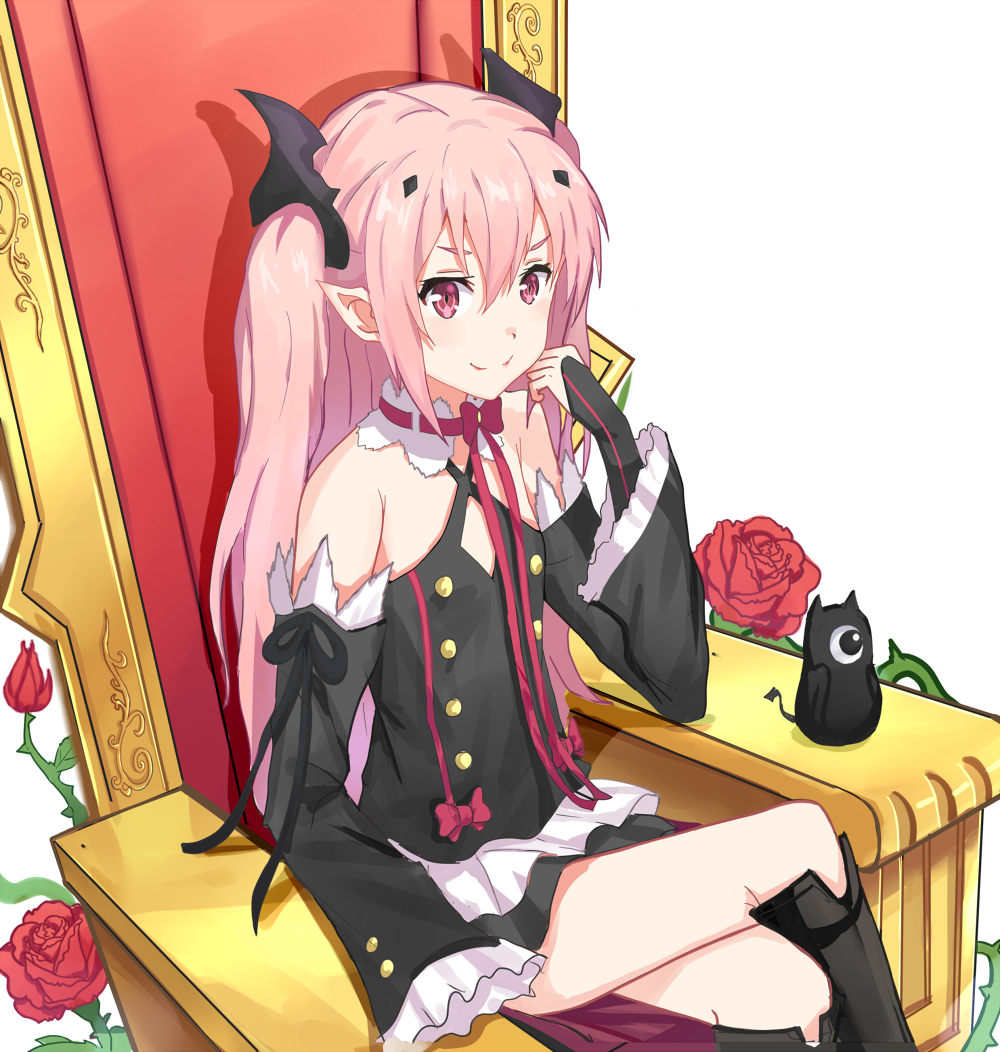 1girl arukanu bare_shoulders bat black_dress boots bow closed_mouth crossed_legs detached_sleeves dress flower frills hair_between_eyes hair_ornament kenkaizar krul_tepes long_hair long_sleeves looking_at_viewer open_eyes owari_no_seraph pink_hair pointy_ears red_bow red_eyes red_flower red_rose ribbon rose simple_background sitting smile solo tagme thigh-highs thigh_boots throne twintails two_side_up vampire white_background