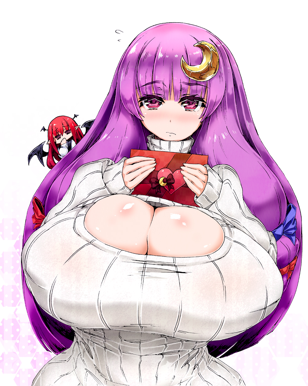 2girls breasts cleavage flying_sweatdrops gigantic_breasts hair_ornament hairclip highres koakuma looking_at_viewer multiple_girls patchouli_knowledge pointy_ears purple_hair ribbed_sweater sentarou sweater touhou turtleneck valentine violet_eyes wide_hips