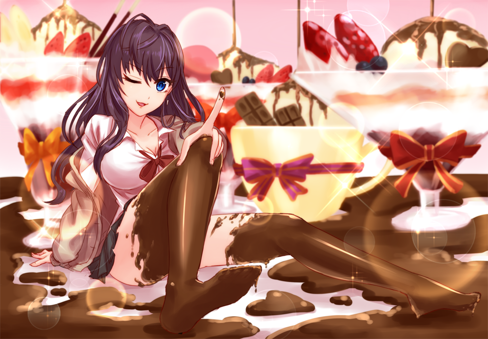 1girl blue_eyes breasts brown_hair chocolate chocolate_clothes chocolate_covered ichinose_shiki idolmaster idolmaster_cinderella_girls long_hair looking_at_viewer shingo_(picturepuzzle) solo thigh-highs valentine