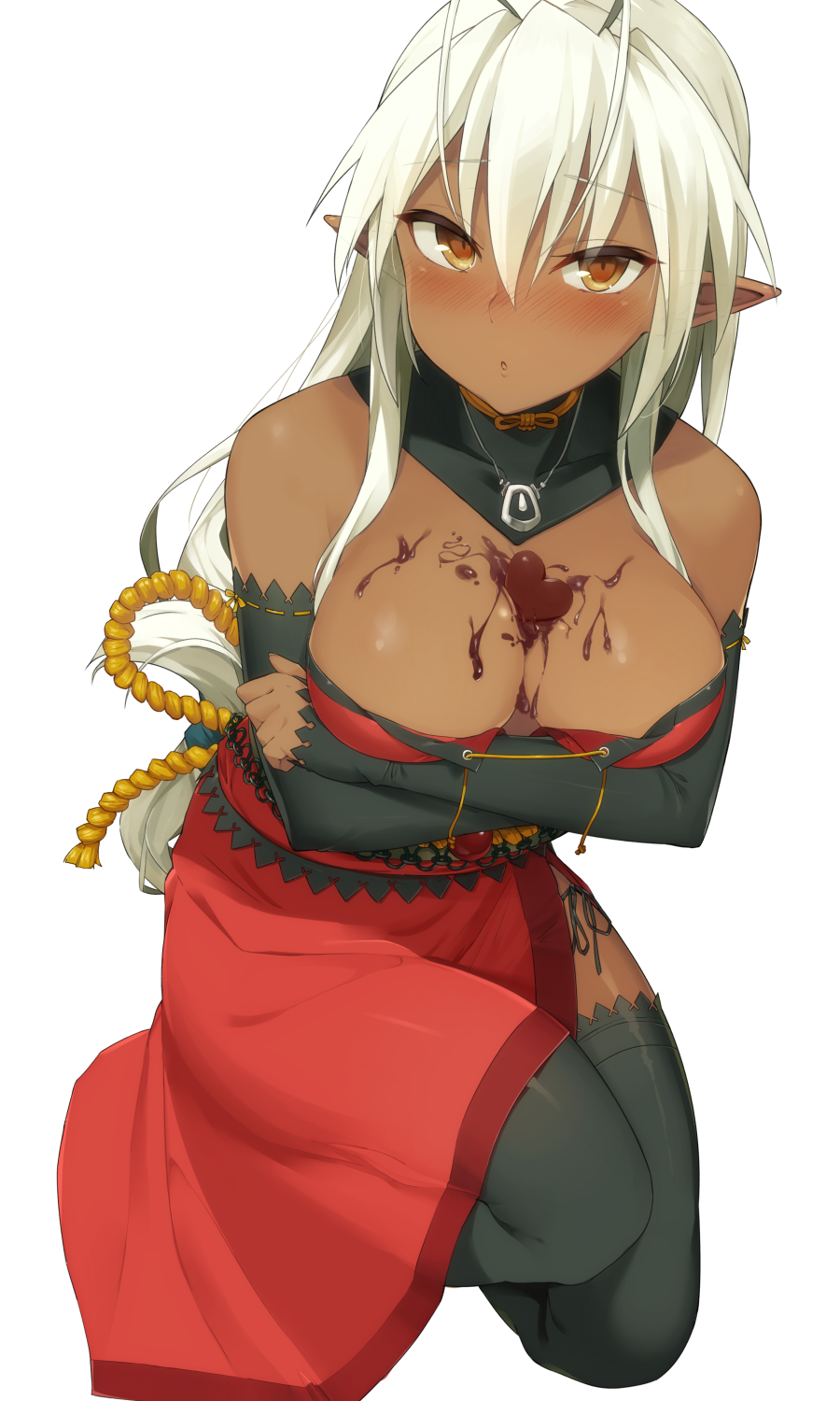 1girl :o antenna_hair black_legwear blush breast_hold breasts brown_eyes chocolate chocolate_heart chocolate_on_breasts cleavage dark_skin detached_collar detached_sleeves full-face_blush heart highres jewelry kneeling large_breasts long_hair necklace omochi_no_kimochi one_knee pointy_ears sansei_muramasa solo soukou_akki_muramasa thigh-highs valentine very_long_hair white_hair