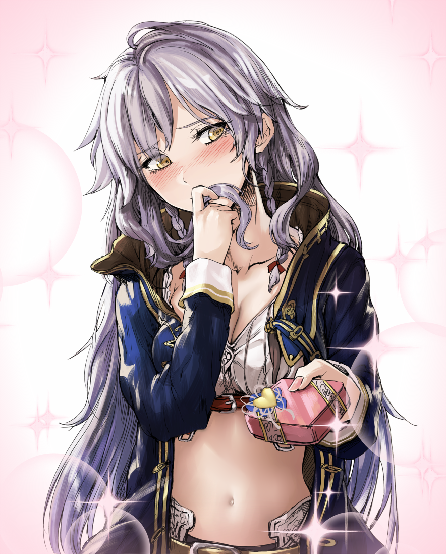 1girl ahoge blush braid breasts cleavage collarbone covering_mouth geppewi granblue_fantasy hair_in_mouth light_particles long_hair looking_to_the_side midriff navel nose_blush shy silva_(granblue_fantasy) silver_hair solo sparkle twin_braids valentine very_long_hair wavy_mouth yellow_eyes