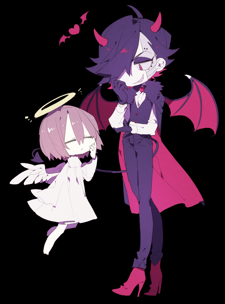 1boy alternate_costume androgynous android angel_wings bat_wings black_background black_hair brown_hair cape closed_eyes demon_tail dress frisk_(undertale) full_body grin halo heart higa423 high_heels horns long_sleeves looking_at_another mettaton mettaton-ex pants pink_eyes sharp_teeth shirt short_hair simple_background smile tail teeth undertale vest white_dress wide_sleeves wings