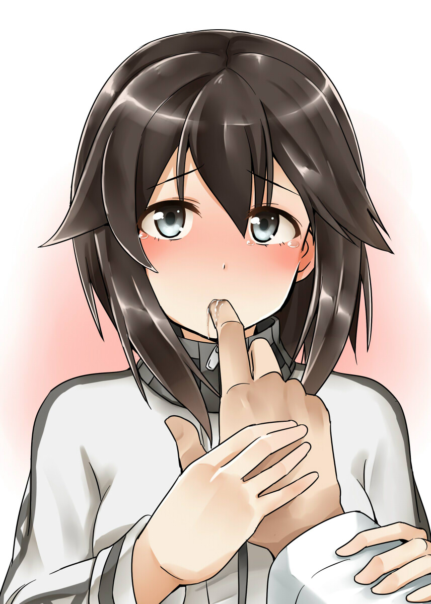 1boy 1girl black_hair blush breasts finger_in_another's_mouth finger_sucking grey_eyes hair_between_eyes hayasui_(kantai_collection) highres jacket kamelie kantai_collection long_sleeves looking_at_viewer pov saliva short_hair tears track_jacket zipper