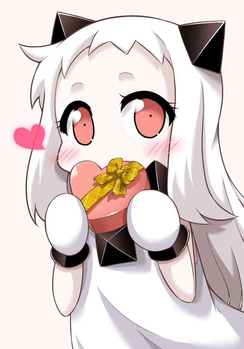 1girl ahoge blush box chocolate chocolate_heart commentary_request covering_mouth dress gift gift_box heart holding horns kantai_collection long_hair looking_at_viewer mittens northern_ocean_hime pale_skin shinkaisei-kan solo valentine white_dress white_hair yamato_nadeshiko