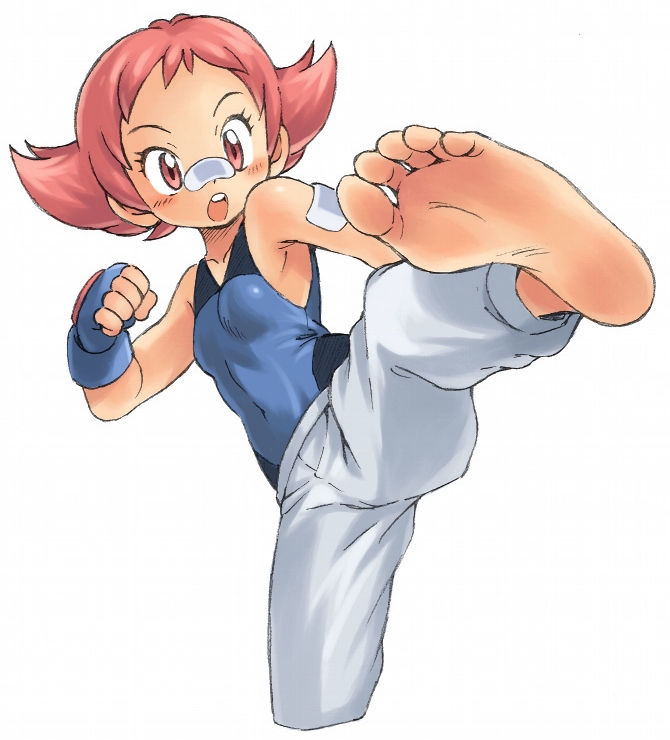 1girl bandages bandaid bare_shoulders barefoot blush feet fingerless_gloves gloves leg_up open_mouth oyatsu_(mk2) pink_eyes pink_hair pokemon pokemon_(game) pokemon_dppt pov_feet short_hair simple_background soles solo sumomo_(pokemon) toes tomboy white_background