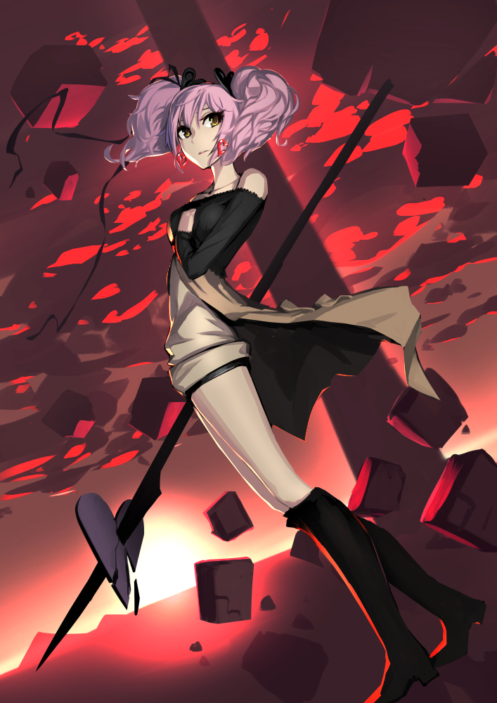 1girl alternate_costume bangs black_boots black_ribbon boots broken_heart closed_mouth clouds collarbone cube debris earrings from_side full_body hair_ribbon heart heart_earrings holding_weapon idolmaster idolmaster_cinderella_girls jewelry jougasaki_mika long_hair long_sleeves noname_(metaldragonfly) off_shoulder purple_hair red red_background red_sky ribbon shadow sketch sky solo standing sun twintails valentine wind yellow_eyes