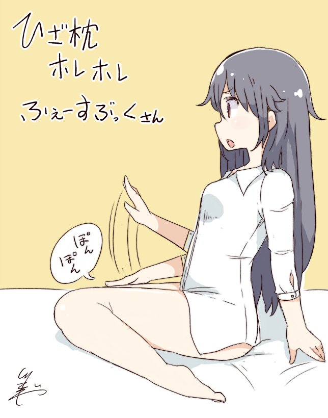 1girl bare_legs barefoot black_hair bottomless commentary_request dress_shirt facebook lap long_hair long_sleeves patting personification red_eyes shirt signature sitting solo translation_request tsukigi white_shirt