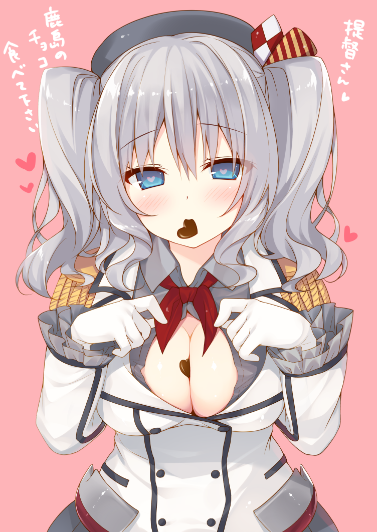 1girl beret between_breasts blue_eyes blush breasts buttons chocolate chocolate_heart cleavage commentary_request epaulettes frilled_sleeves frills gloves hat heart heart-shaped_pupils kantai_collection kashima_(kantai_collection) kerchief large_breasts long_hair looking_at_viewer miko_92 military military_uniform mouth_hold sidelocks silver_hair solo symbol-shaped_pupils translation_request tsurime twintails uniform valentine wavy_hair white_gloves