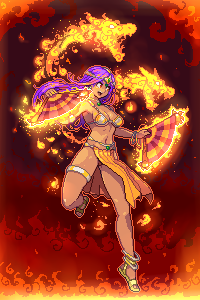 1girl anklet bracelet breasts circlet cleavage dark_skin dragon_quest dragon_quest_iv fan fire folding_fan jewelry large_breasts loincloth long_hair lowres manya pixel_art purple_hair shirosu smile solo violet_eyes