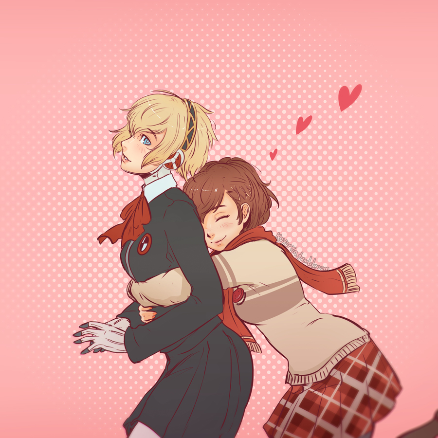 2girls ^_^ aegis aegis_(persona) blonde_hair blue_eyes brown_hair clockwork-cadaver closed_eyes female_protagonist_(persona_3) hair_ornament hairclip headphones heart hug hug_from_behind looking_back multiple_girls persona persona_3 persona_3_portable plaid plaid_skirt scarf school_uniform short_hair skirt smile sweater x_hair_ornament yuri