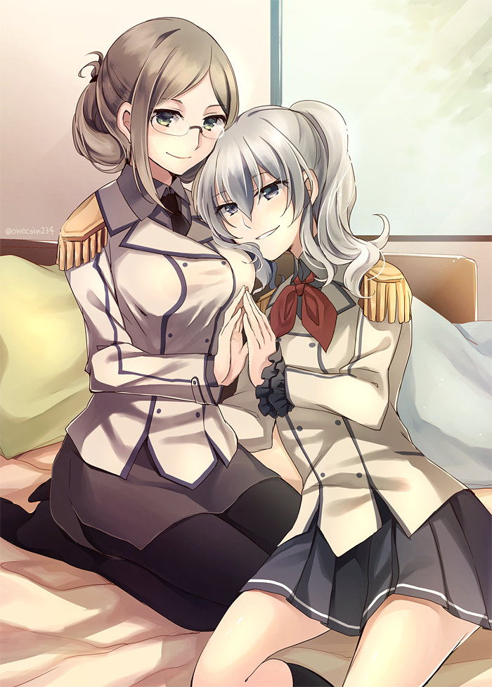 2girls bangs bed black_legwear black_necktie blonde_hair breasts brown_hair brown_skirt closed_mouth collared_shirt double-breasted dress_shirt epaulettes folded_hair frilled_sleeves frills glasses green_eyes grey_eyes grey_shirt grey_skirt hair_between_eyes indoors jacket kaede_(mmkeyy) kantai_collection kashima_(kantai_collection) katori_(kantai_collection) kneehighs leaning_on_person leaning_to_the_side long_hair long_sleeves military military_uniform multiple_girls no_hat pantyhose parted_lips pencil_skirt pillow pleated_skirt rimless_glasses seiza shirt silver_hair sitting skirt smile swept_bangs twitter_username uniform