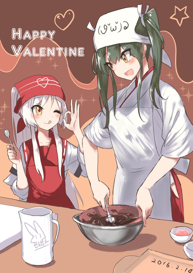 2girls ;p alternate_hairstyle apron character_request chocolate cooking hair_between_eyes head_scarf japanese_clothes kantai_collection long_hair looking_at_another multiple_girls ok_sign one_eye_closed open_mouth ponytail sensen shoukaku_(kantai_collection) skirt skirt_set stirring tongue tongue_out twintails valentine white_hair yellow_eyes zui_zui_dance zuikaku_(kantai_collection)