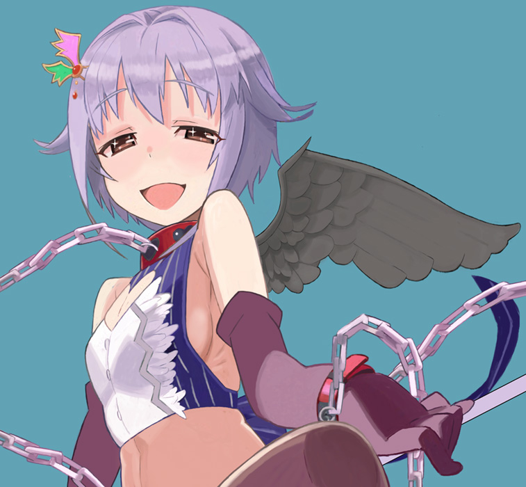 1girl :d aqua_background bangs bare_shoulders blush breasts brown_eyes chain cleavage_cutout collar crop_top cuffs dog_collar elbow_gloves feathered_wings gloves hair_ornament hairclip heart heart_cutout idolmaster idolmaster_cinderella_girls koshimizu_sachiko looking_at_viewer midriff open_mouth purple_hair short_hair sideboob smile solo sparkle sparkling_eyes striped wings yuuki_(irodo_rhythm)