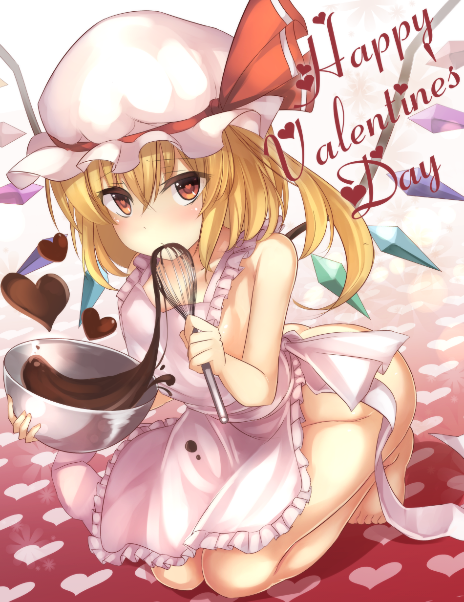 1girl apron ass blonde_hair bowl chocolate chocolate_heart chocolate_making flandre_scarlet happy_valentine hat hat_ribbon heart highres janne_cherry kneeling looking_at_viewer mob_cap naked_apron red_eyes ribbon side_ponytail solo spilling touhou valentine whisk wings