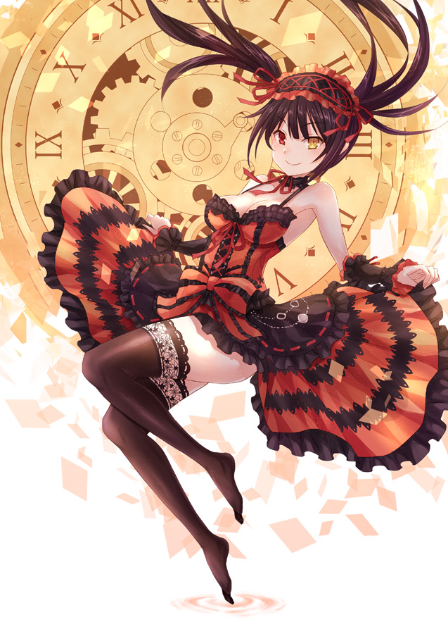 1girl arm_warmers armpits asle bare_shoulders black_legwear bow breasts brown_hair cleavage clockwork collar corset cross-laced_clothes date_a_live detached_collar dress floating_hair frilled_collar frills gears hairband heterochromia lace lace-trimmed_thighhighs lolita_hairband long_hair looking_at_viewer number red_bow red_dress red_eyes red_ribbon ribbon roman_numerals sleeveless sleeveless_dress smile solo symbol-shaped_pupils thigh-highs thighs tokisaki_kurumi tsurime twintails very_long_hair wrist_cuffs yellow_eyes zettai_ryouiki