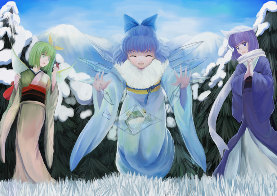 3girls alternate_costume blue_hair cirno closed_eyes daiyousei fairy_wings frog frozen fur_trim green_eyes green_hair hair_ribbon hands_together hat ice ice_wings japanese_clothes kimono letty_whiterock long_sleeves looking_at_another mi_ye_xi mountain multiple_girls nature obi open_mouth purple_hair ribbon sash scarf short_hair side_ponytail smile snow touhou tree wide_sleeves wings yukata