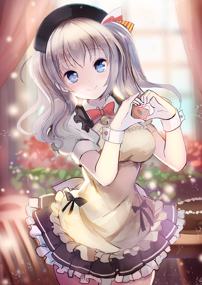 1girl apron blue_eyes fuyouchu gloves hat heart kantai_collection kashima_(kantai_collection) maid silver_hair skirt smile twintails wavy_hair