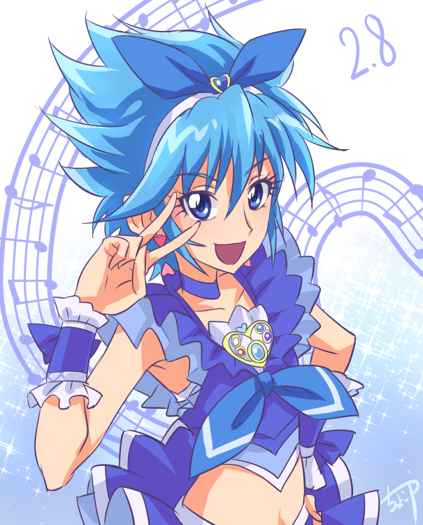 1girl :d alternate_color blue blue_bow blue_eyes blue_hair bow brooch chocokin choker crop_top cure_melody cure_melody_(cosplay) frills hair_bow hairband hand_on_hip jewelry looking_at_viewer magical_girl midriff musical_note nishijima_waon open_mouth precure short_hair signature smile solo spiky_hair staff_(music) suite_precure v wrist_cuffs
