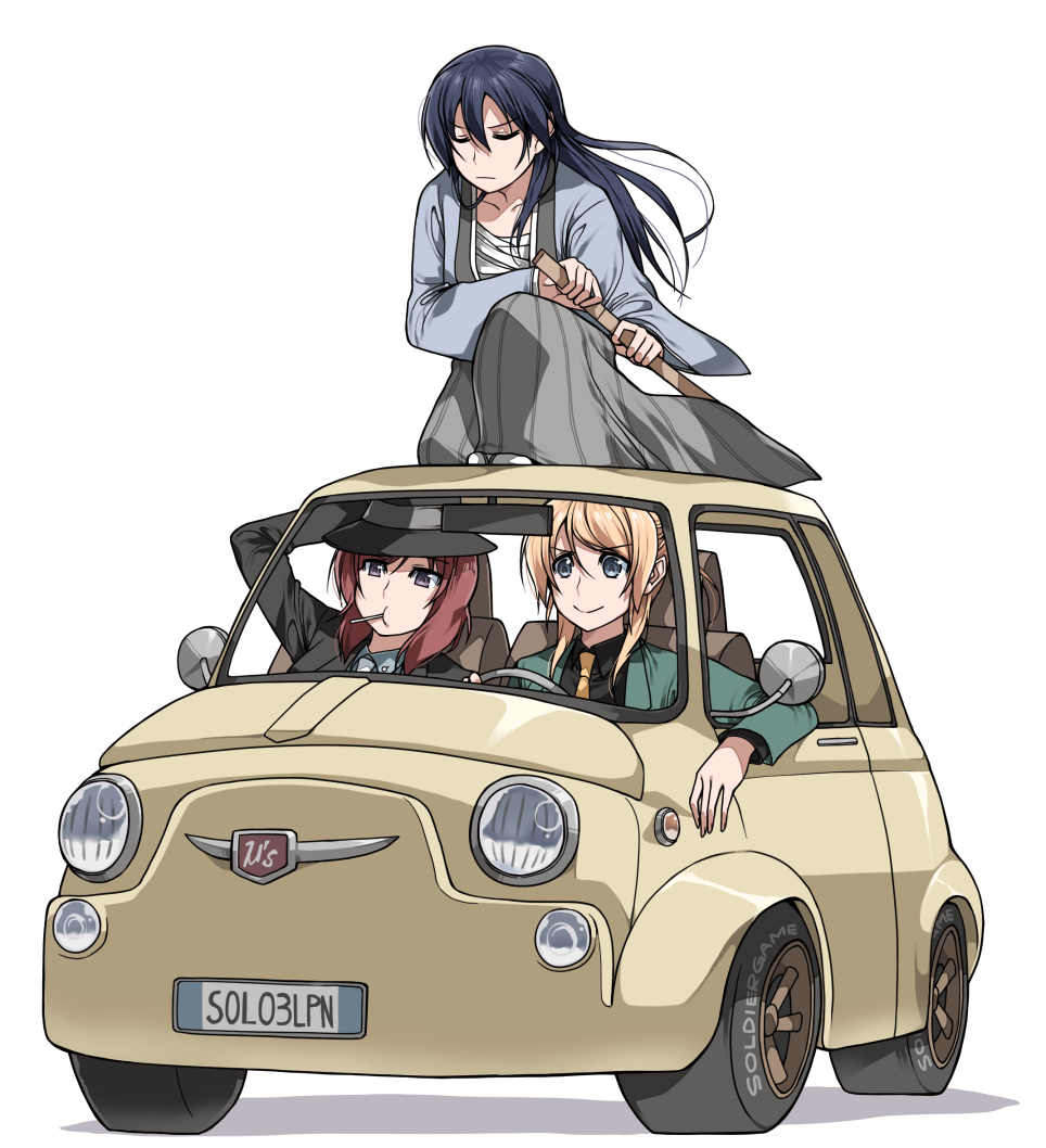 3girls arsene_lupin_iii_(cosplay) ayase_eli blonde_hair blue_eyes blue_hair car clipe closed_eyes fiat_500 ishikawa_goemon_xiii_(cosplay) jigen_daisuke_(cosplay) love_live!_school_idol_project lupin_iii motor_vehicle multiple_girls nishikino_maki parody redhead sonoda_umi vehicle violet_eyes