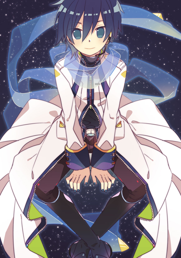 1boy aqua_eyes arm_support belt blue_hair blue_nails blue_scarf boots headset invisible_chair kaito knee_boots long_coat long_sleeves looking_at_viewer male_focus microphone nail_polish pants scarf see-through short_hair sitting solo space star_(sky) turtleneck unzipped vocaloid yoshiki zipper