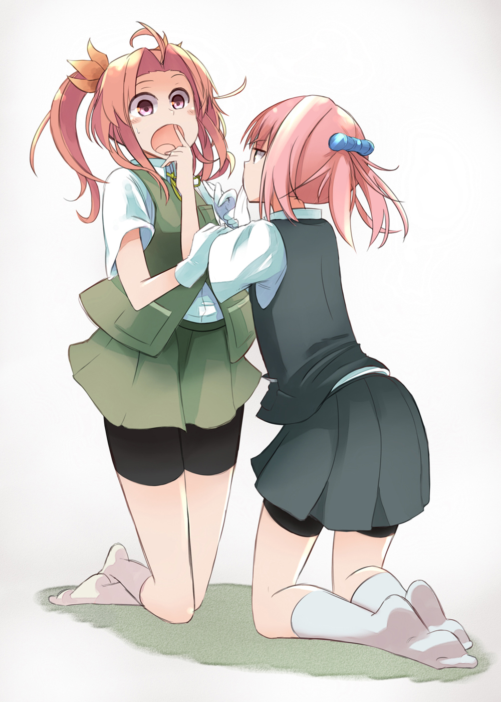 2girls :o ahoge back bike_shorts blouse blush brown_hair crossed_legs finger_in_another's_mouth glove_removed gloves hair_ornament hair_ribbon highres kagerou_(kantai_collection) kantai_collection kneehighs kneeling long_hair mouth_hold multiple_girls norata_(artist) open_mouth pink_hair pleated_skirt ponytail ribbon school_uniform shiranui_(kantai_collection) short_hair short_ponytail short_sleeves shorts_under_skirt skirt twintails vest violet_eyes white_blouse white_gloves white_legwear