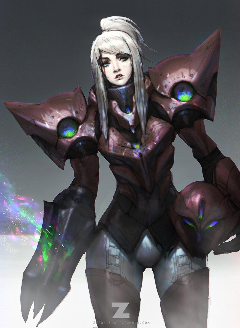 1girl arm_cannon armor blonde_hair blood blood_on_face blue_eyes cowboy_shot full_armor glowing grey_background head_tilt headwear_removed helmet helmet_removed lips looking_at_viewer metroid parted_lips paul_kwon ponytail samus_aran shoulder_pads sidelocks simple_background solo standing teeth weapon