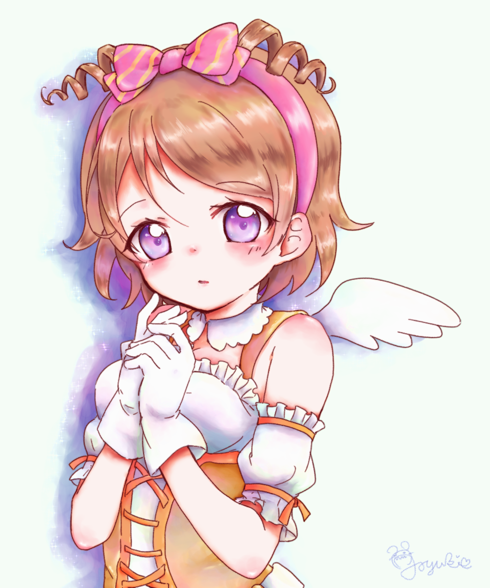 1girl angel_wings bow brown_hair collar corset dancing_stars_on_me! detached_sleeves drill_hair gloves hair_bow hairband highres koizumi_hanayo love_live!_school_idol_project miyuki_(0331874) signature solo sparkle upper_body violet_eyes white_gloves wings