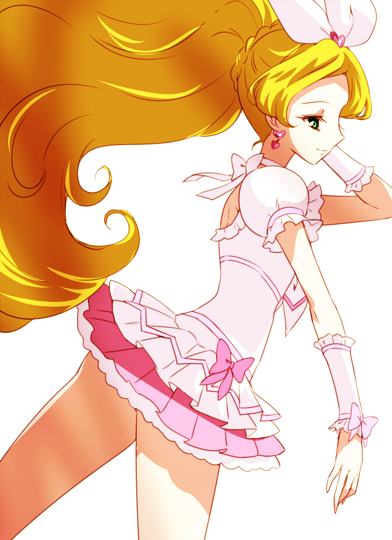 1girl blonde_hair bow braid choker cowboy_shot cure_rhythm earrings frilled_skirt frills green_eyes hair_bow jewelry kagami_chihiro long_hair magical_girl minamino_kanade pink_bow precure profile puffy_sleeves skirt smile solo suite_precure white_background white_bow white_skirt wrist_cuffs