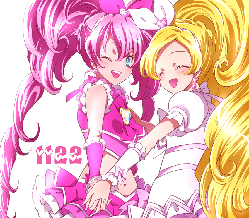 2girls ;d blonde_hair blue_eyes blush bow braid brooch closed_eyes cowboy_shot crop_top cure_melody cure_rhythm earrings frilled_skirt frills hair_bow holding_hands houjou_hibiki jewelry kagami_chihiro long_hair looking_at_viewer magical_girl minamino_kanade multiple_girls one_eye_closed open_mouth pink_bow pink_hair pink_skirt precure puffy_sleeves skirt smile suite_precure twintails white_background white_bow white_skirt wrist_cuffs