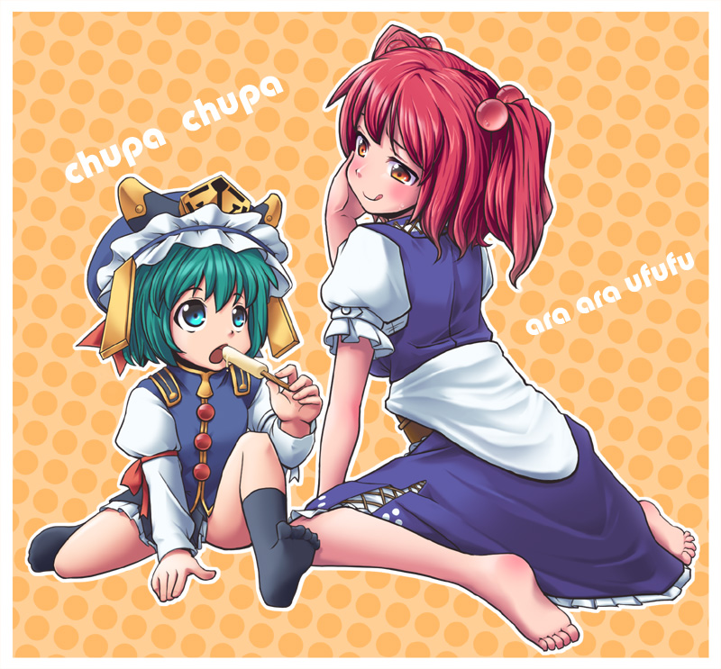 :p :q feet green_hair hair_bobbles hair_ornament hat onijirushi onozuka_komachi popsicle red_eyes red_hair redhead shikieiki_yamaxanadu short_hair socks toes tongue touhou twintails