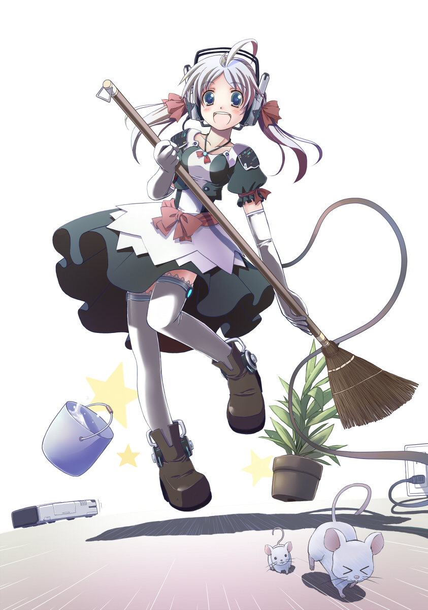 ahoge android blue_eyes bow broom bucket bucket_of_water cable elbow_gloves gloves hair_bow headphones highres houseplant long_hair maid mochiduki_saku mochizuki_saku mouse open_mouth original plant potted_plant smile star thigh-highs thighhighs twintails white_hair white_legwear white_thighhighs