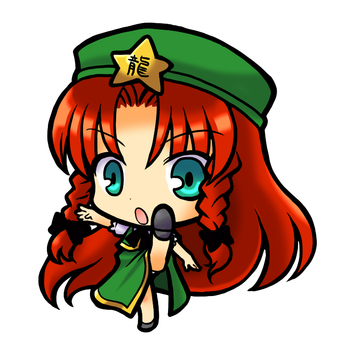 aqua_eyes braid chibi china_dress chinadress chinese_clothes hat high_kick hong_meiling kick kicking long_hair open_mouth red_hair redhead simple_background socha solo touhou twin_braids