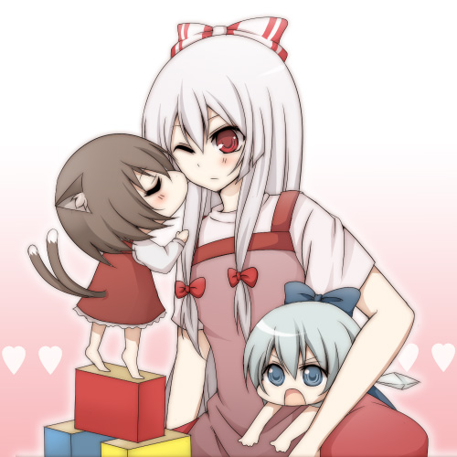 animal_ears black_hair blue_eyes blush bow cat_ears chen chibi child cirno closed_eyes fujiwara_no_mokou hair_bow long_hair lowres multiple_girls open_mouth red_eyes short_dress short_hair silver_hair tail touhou white_hair wince yuki_miya