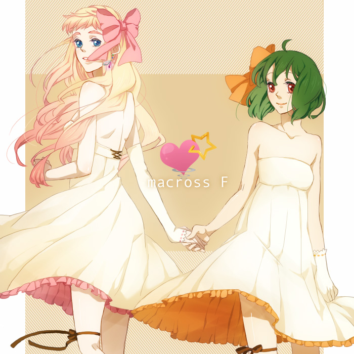 bad_id blonde_hair blue_eyes bow dress earrings green_hair hair_bow hand_holding holding_hands jewelry kurage long_hair macross macross_frontier multiple_girls ranka_lee red_eyes ribbon sheryl_nome short_hair