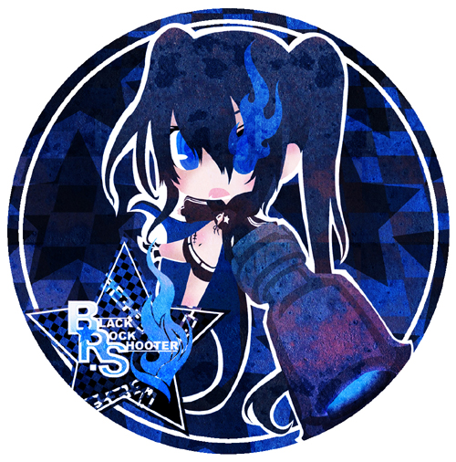 bikini_top black_hair black_rock_shooter black_rock_shooter_(character) blue_eyes boots checkered chibi coat glowing glowing_eyes gun hane long_hair midriff navel scar shorts twintails weapon