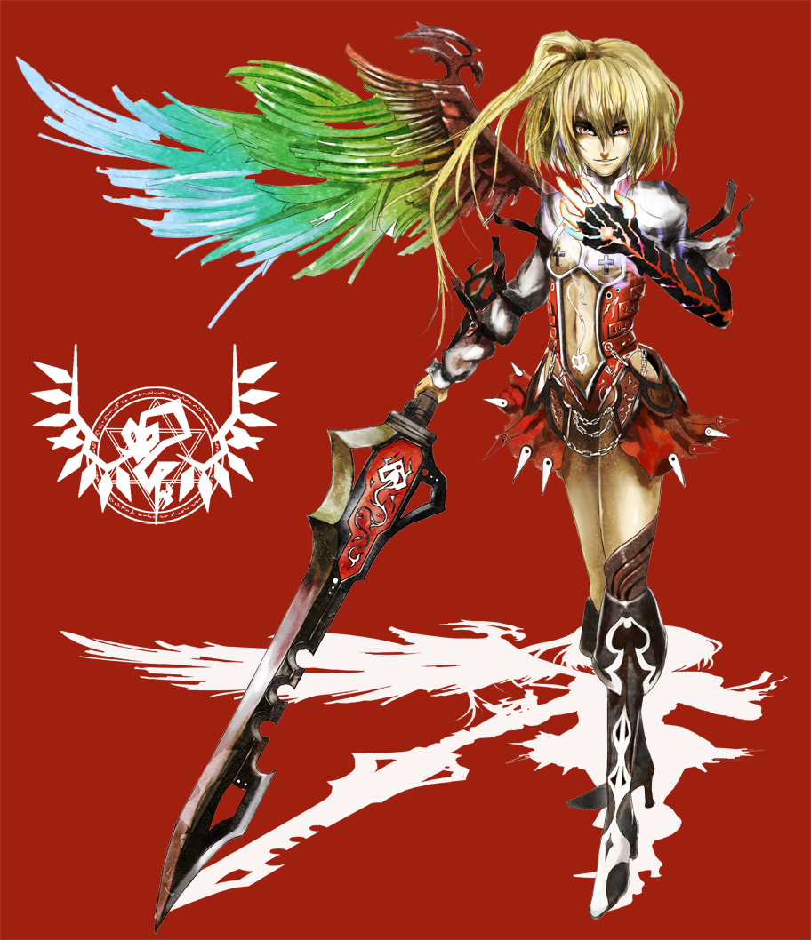 armor blonde_hair chain devil_bringer devil_may_cry devil_may_cry_4 flandre_scarlet navel nero_(devil_may_cry) ponytail red_eyes ross_(clumzero) shadow short_hair side_ponytail solo sword touhou weapon wings