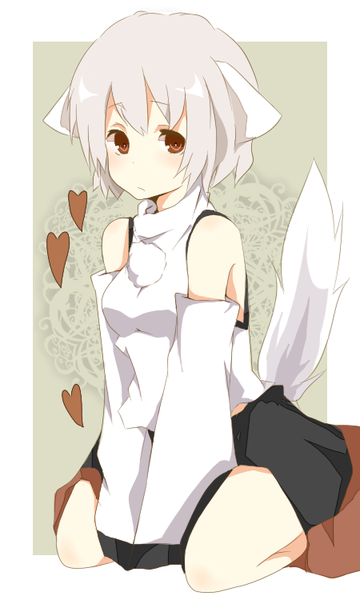 animal_ears bare_shoulders between_thighs brown_eyes detached_sleeves grey_hair heart inubashiri_momiji lowres mono_(recall) red_eyes seiza short_hair sitting solo tail touhou v_arms wolf_ears wolf_tail wolfears