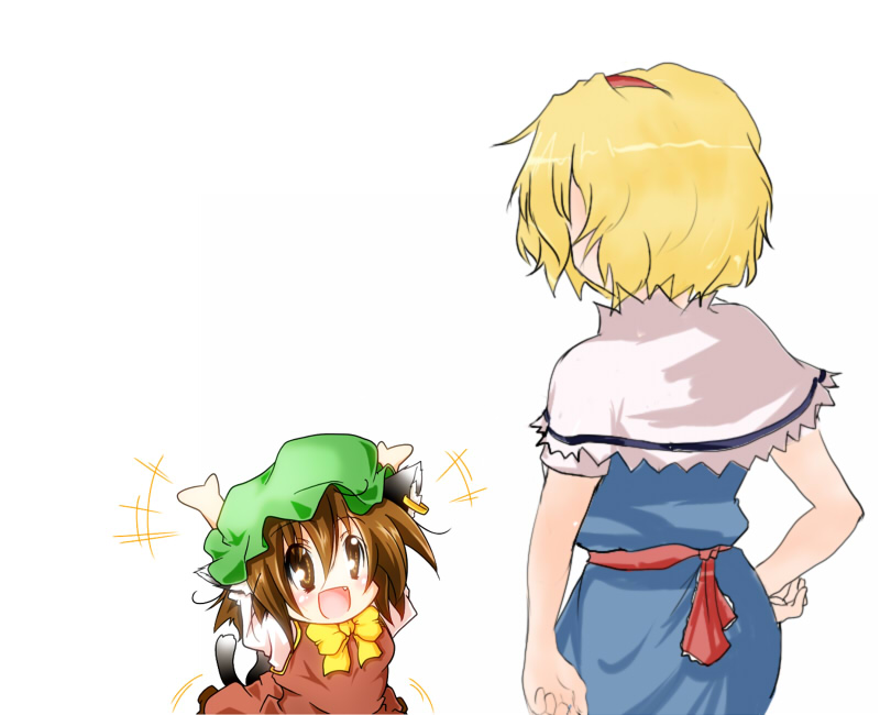 alice_margatroid animal_ears beegle blonde_hair brown_eyes brown_hair cat_ears cat_tail chen chibi earrings fang hairband haruyonoto hat jewelry multiple_tails short_hair tail touhou